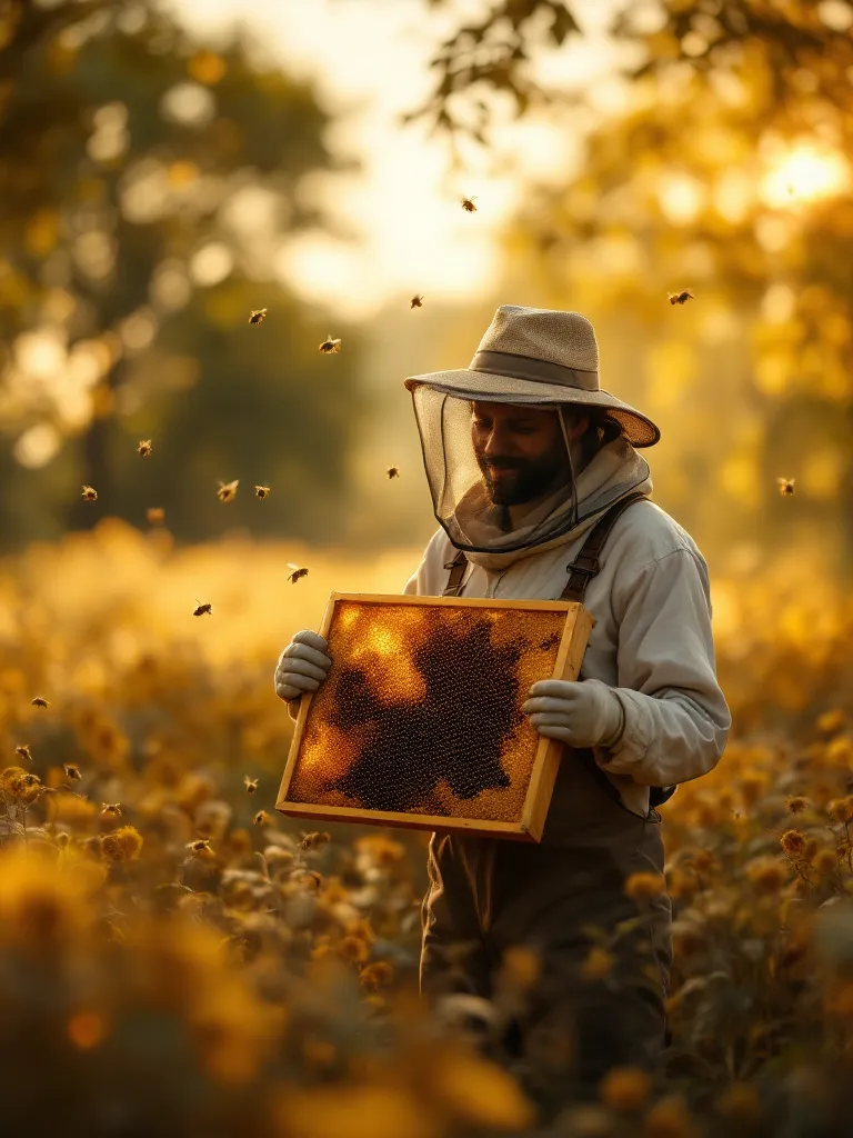 Beekeeper holding a honeycomb frame in a sunny field